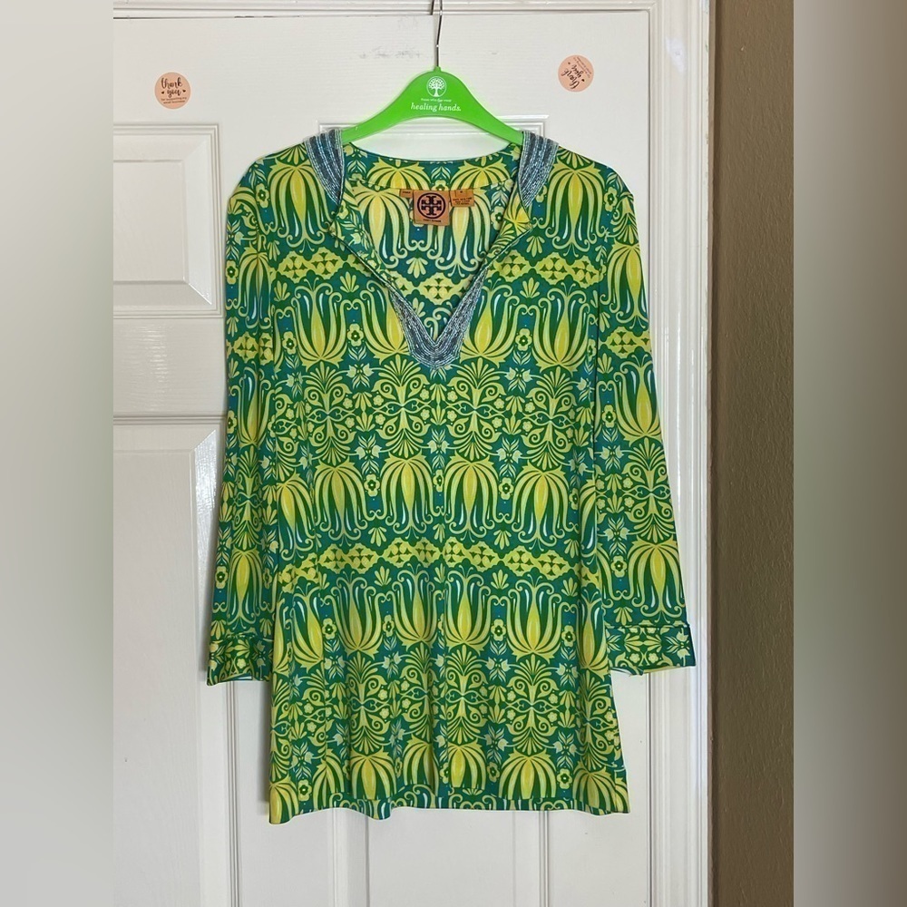 Tory Burch Tunic Womens Med Silk green Button Long Sleeve V Neck Stretch… - Picture 9 of 9